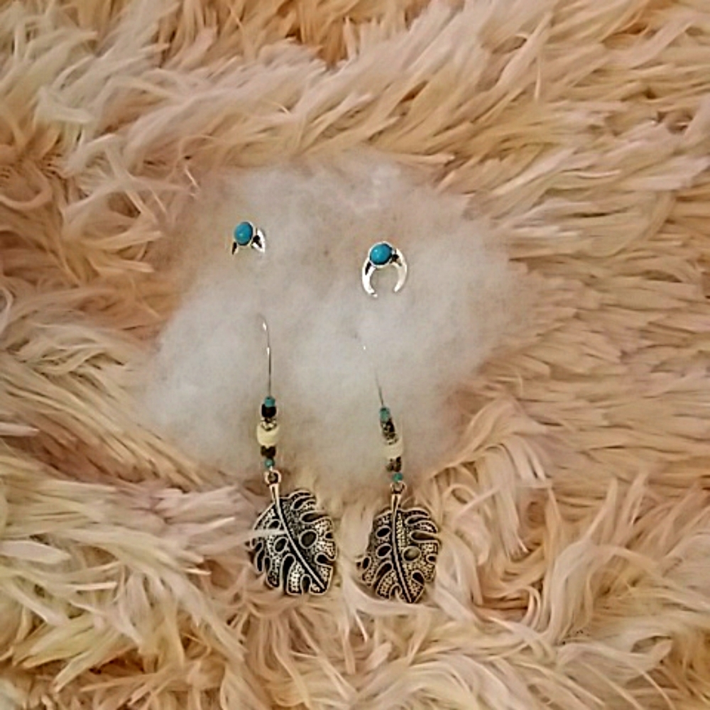 Double Set Brand New Boho Beaded Leaf Dangle Earrings & Stud Earrings